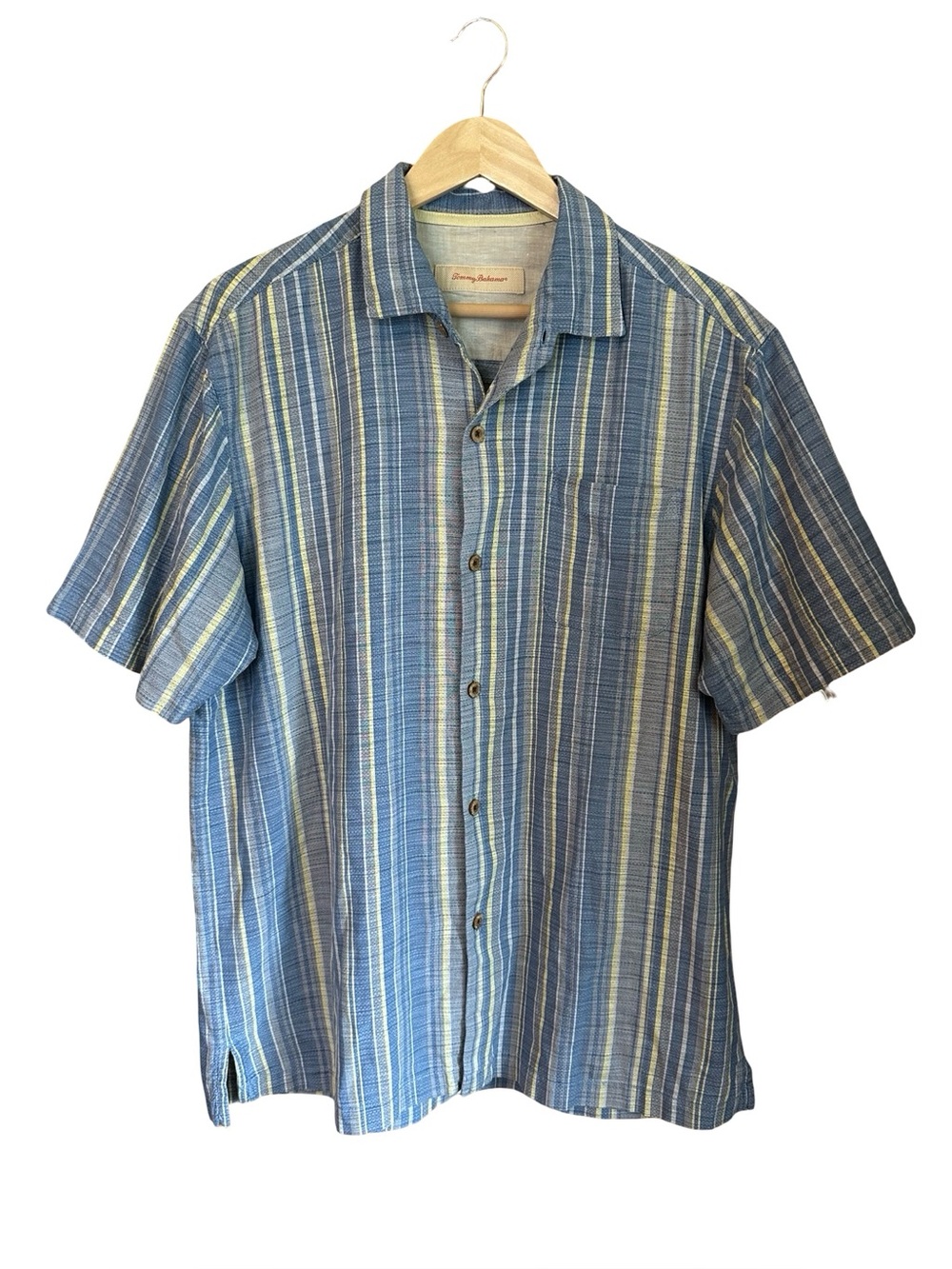 Tommy Bahama Blue Striped Silk Cotton Short Sleeved Button Down Shirt Sz L